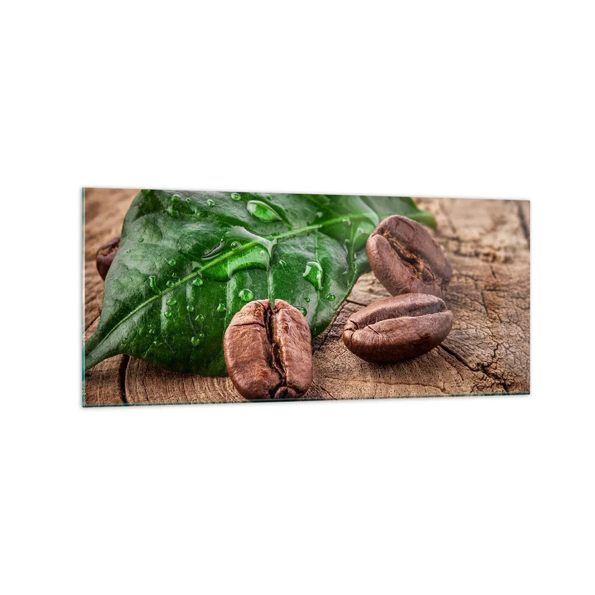 Impression sur verre - Image sur verre - Grains de café et feuille verte sur fond de bois - 120x50cm - La plus vraie et noire - Décoration murale moderne pour le salon et la chambre ARTTOR