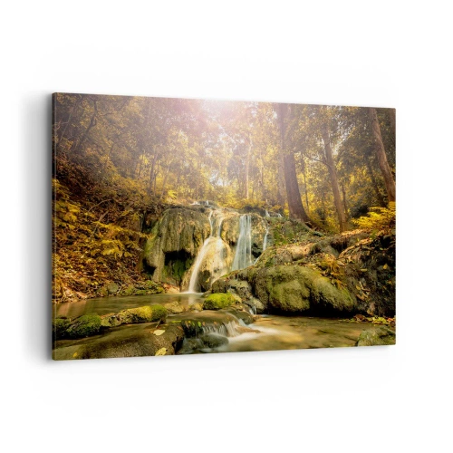 Impression sur toile - Image sur toile - Une cascade forestière sous les rayons du soleil, entourée de verdure - 100x70cm - Cascade de forêt en vert - Décoration murale moderne pour le salon et la chambre ARTTOR
