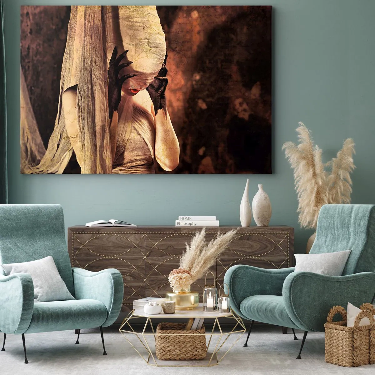 Impression sur toile - Image sur toile - Une femme voilée au style mystérieux sur un fond sombre - 100x70cm - Entre le bon et le mauvais - Décoration murale moderne pour le salon et la chambre ARTTOR