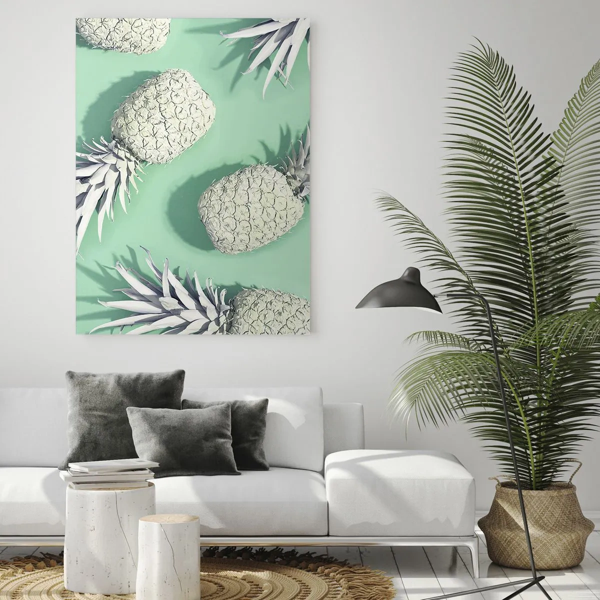 Impression sur verre - Image sur verre - Ananas blancs sur fond menthe dans une composition artistique - 50x70cm - Ils se combinent très bien avec la menthe - Décoration murale moderne pour le salon et la chambre ARTTOR
