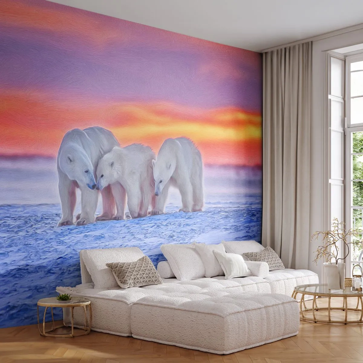 Papier Peint Photo Premium Canvas - La chaleur familiale suffit - Animaux, Ours polaire, Neige - 250x175 cm