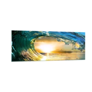 Impression sur verre - Image sur verre - Vague de l'océan au soleil avec vue sur l'horizon - 140x50cm - Dans un éclat émeraude-or - Décoration murale moderne pour le salon et la chambre ARTTOR
