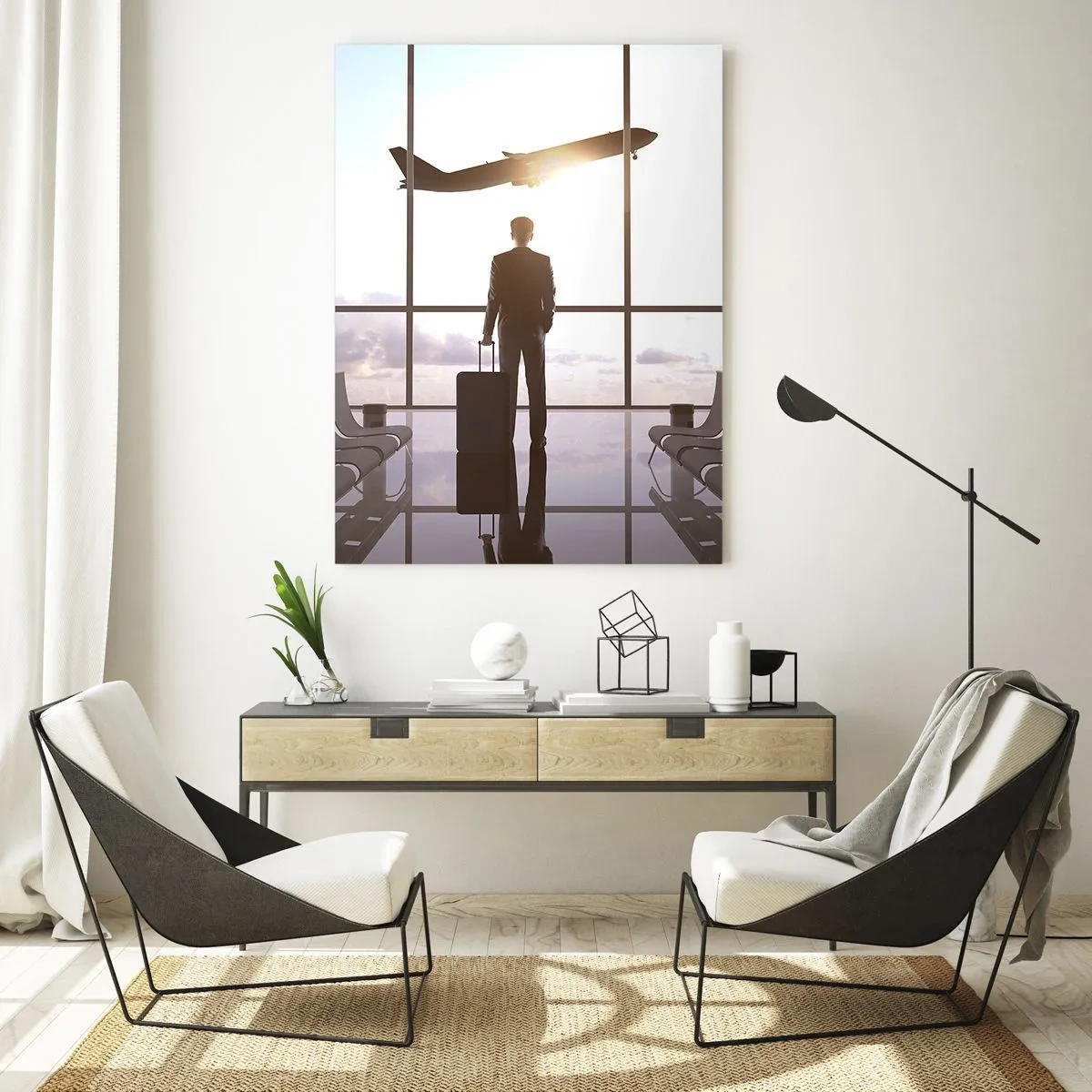 Impression sur verre - Image sur verre - Homme d'affaires à l'aéroport avec un avion en arrière-plan - 70x100cm - Vous avez le temps, ralentissez - Décoration murale moderne pour le salon et la chambre ARTTOR