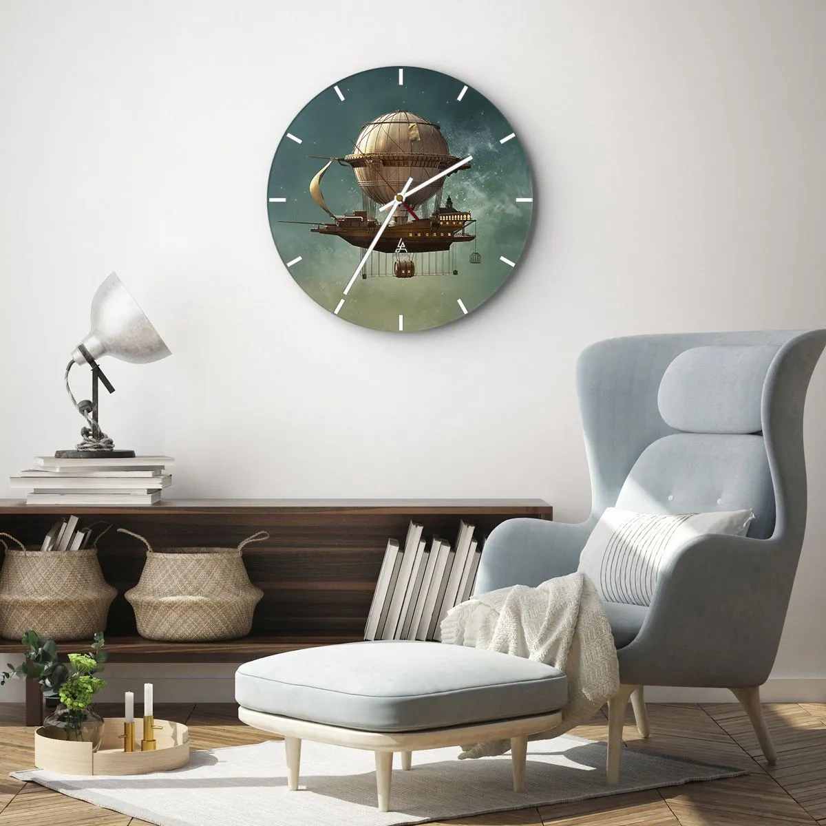 Horloge murale - Pendule murale - Un fantastique dirigeable rétro flottant dans les nuages - 30x30cm - Jules Verne vous salue - Décoration murale moderne pour le salon, la cuisine et la chambre ARTTOR