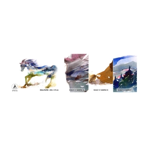 Échantillon de Papier Peint Autocollant Deluxe Sticker - De la prairie directement au ciel - Cheval, Abstraction, Paysage - 100x30 cm