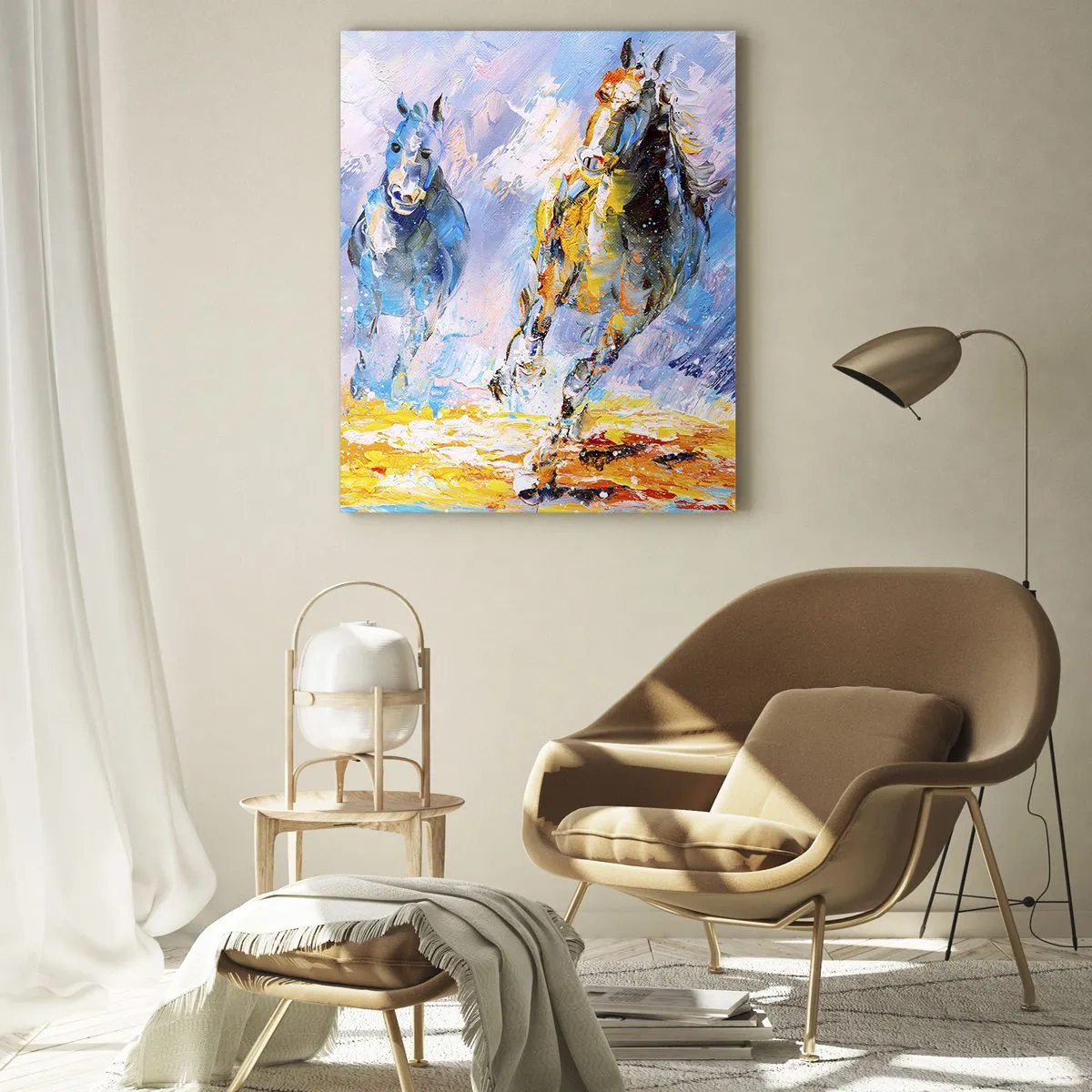 Impression sur verre - Image sur verre - Deux chevaux galopant dans l'eau dans un style artistique - 50x70cm - À travers l'éblouissement du galop - Décoration murale moderne pour le salon et la chambre ARTTOR
