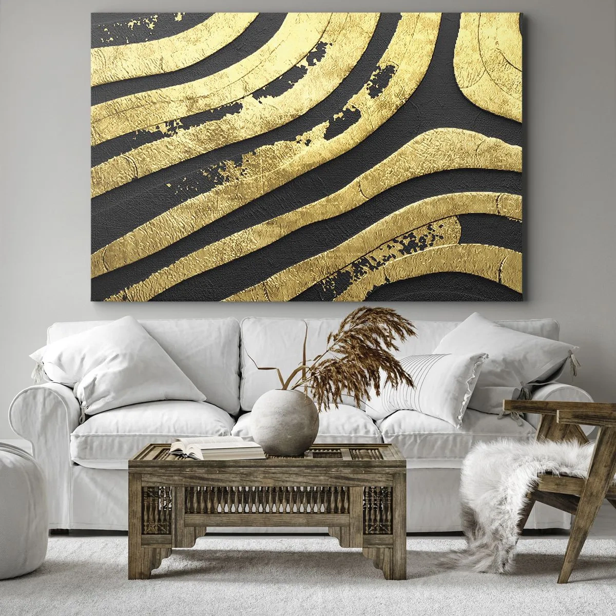 Impression sur toile - Image sur toile - Vagues abstraites dorées sur fond noir - 120x80cm - Tout coule - Décoration murale moderne pour le salon et la chambre ARTTOR