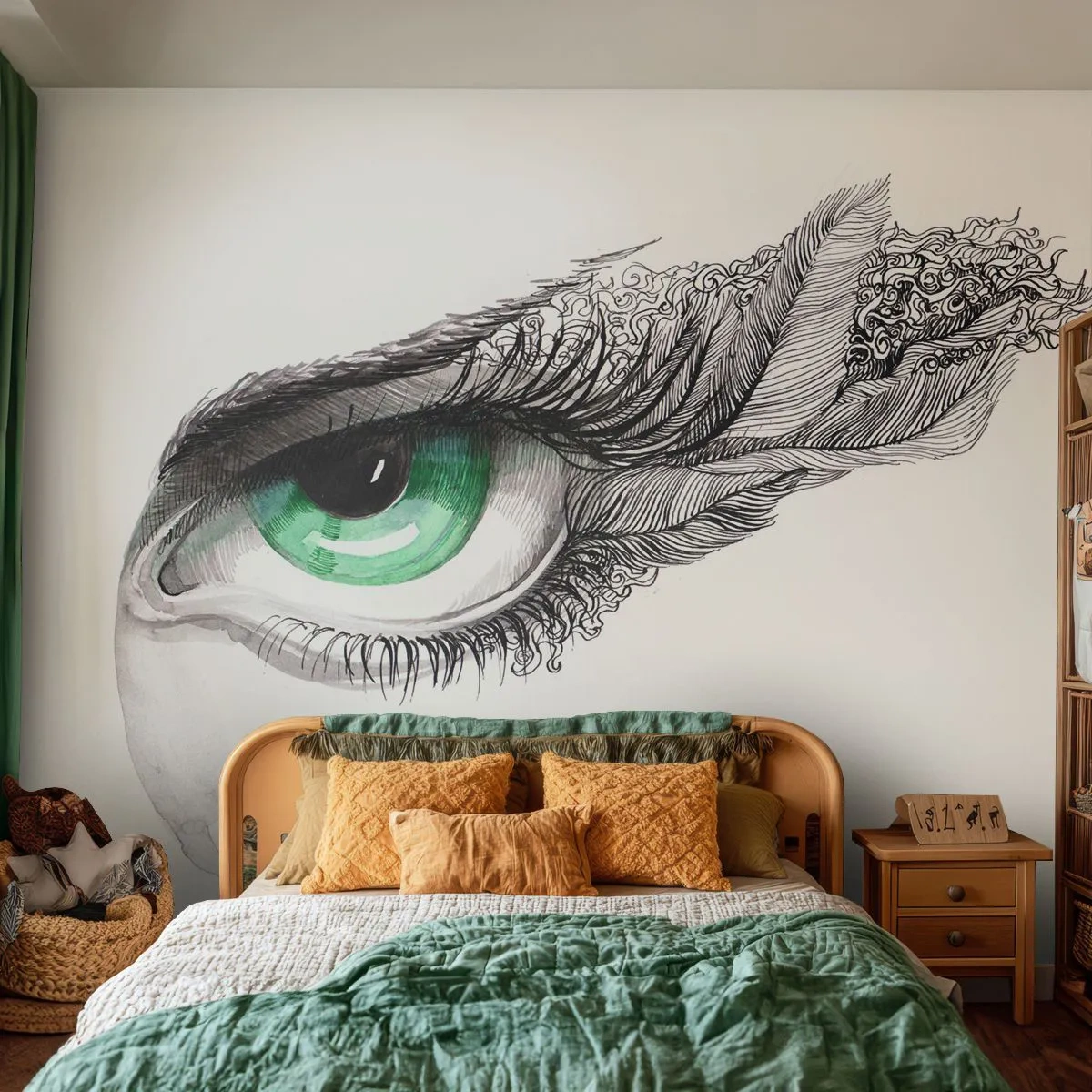Papier Peint Photo Premium Canvas - Œil artistique avec iris vert et détails de dessin - 100x70cm - Belle et prête à l'attaque - Décoration murale moderne pour le salon et la chambre ARTTOR