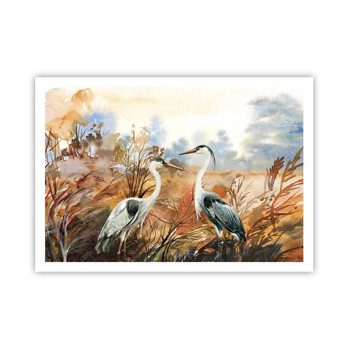 Affiche - Poster - Deux hérons sur fond de paysage d'automne - 100x70cm - Jusqu'où en automne ? - Décoration murale moderne pour le salon et la chambre ARTTOR