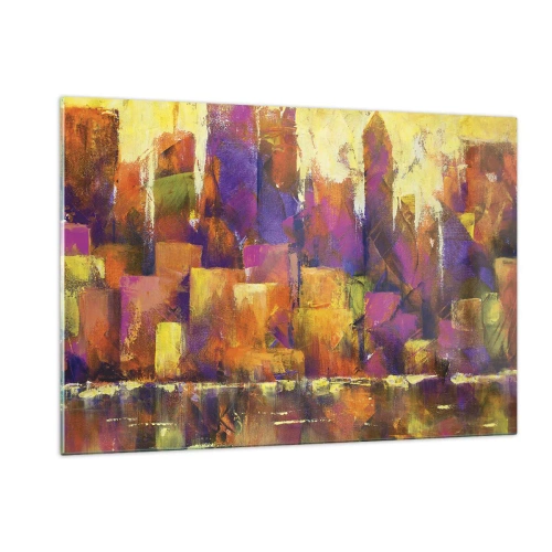 Impression sur verre - Image sur verre - Une métropole abstraite aux couleurs chaudes avec des accents de violet. - 120x80cm - Composition métropolitaine - Décoration murale moderne pour le salon et la chambre ARTTOR