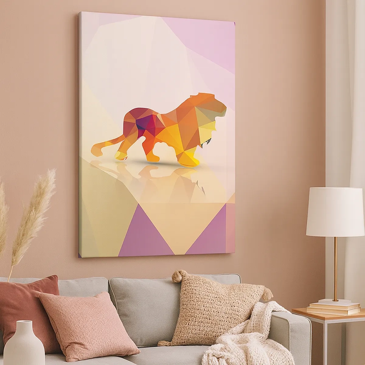 Impression sur toile - Image sur toile - Silhouette géométrique d'un lion dans les tons jaune et orange - 50x70cm - Le roi du diamant - Décoration murale moderne pour le salon et la chambre ARTTOR