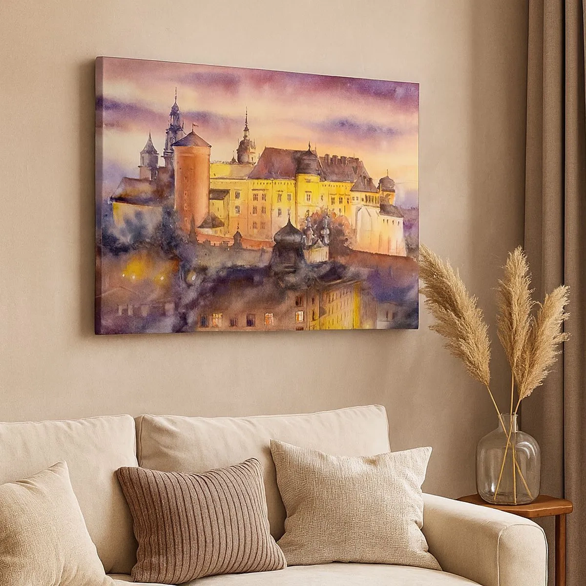 Impression sur toile - Image sur toile - Une aquarelle pittoresque d'un château au coucher du soleil - 70x50cm - Histoire et conte de fées - Décoration murale moderne pour le salon et la chambre ARTTOR