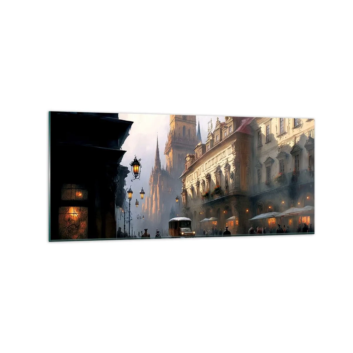 Impression sur verre - Image sur verre - Scène de rue en soirée avec une architecture historique - 120x50cm - Le charme d'une soirée pragoise - Décoration murale moderne pour le salon et la chambre ARTTOR