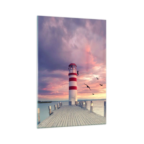 Impression sur verre - Image sur verre - Un phare sur la jetée entouré d'un coucher de soleil pittoresque - 70x100cm - C'est l'heure d'aller au port - Décoration murale moderne pour le salon et la chambre ARTTOR