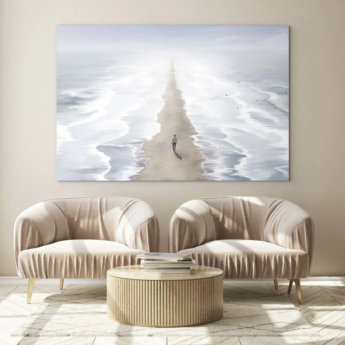 Impression sur verre - Image sur verre - Une silhouette marchant seule vers l'horizon parmi les vagues - 120x80cm - Un brillant avenir - Décoration murale moderne pour le salon et la chambre ARTTOR