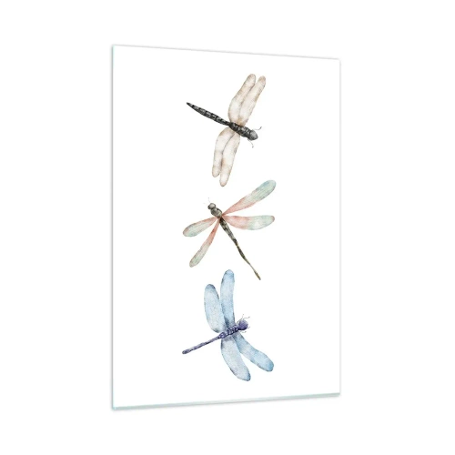 Impression sur verre - Image sur verre - Trois libellules colorées sur fond blanc dans un style aquarelle délicat - 50x70cm - Libellules en apesanteur - Décoration murale moderne pour le salon et la chambre ARTTOR