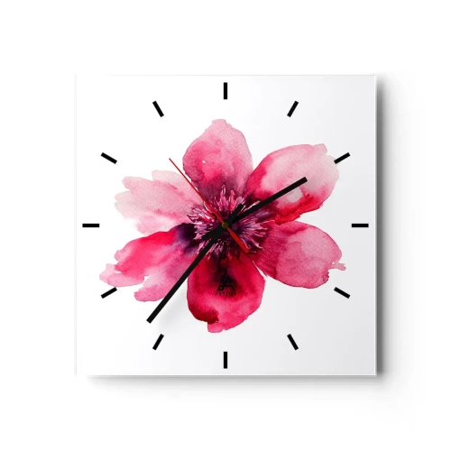 Horloge murale - Pendule murale - Fleur rose dans un style aquarelle sur fond blanc - 30x30cm - Un baiser parfumé au carmin - Décoration murale moderne pour le salon et la chambre ARTTOR