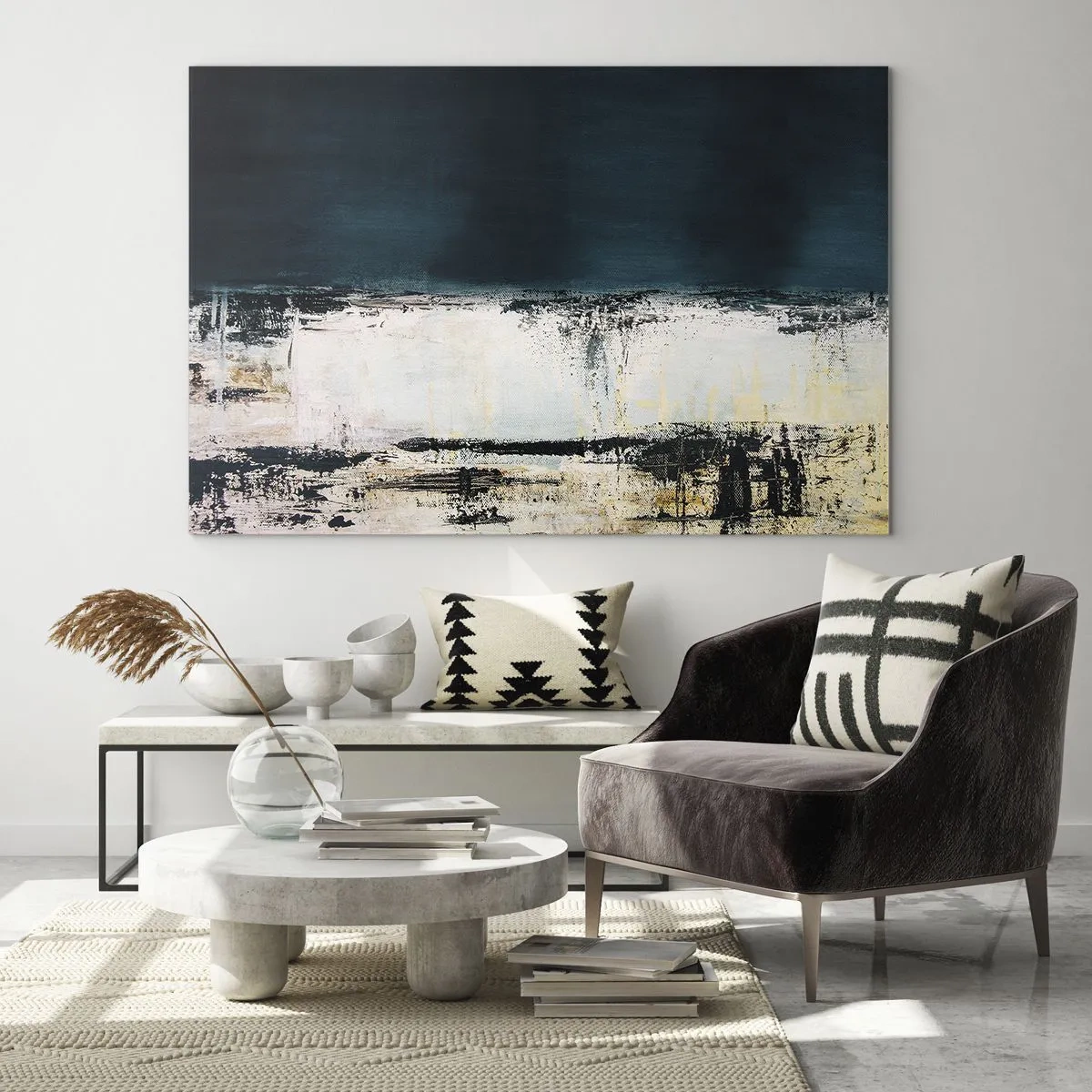 Impression sur verre - Image sur verre - Paysage abstrait dans les tons bleu marine et blanc - 70x50cm - Composition horizontale - Décoration murale moderne pour le salon et la chambre ARTTOR