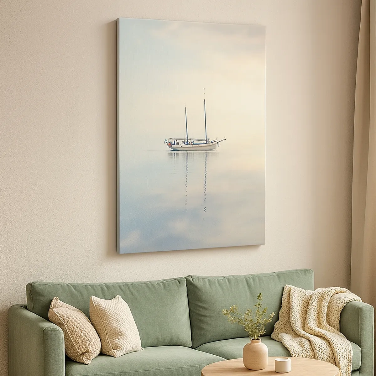 Impression sur toile - Image sur toile - Un bateau sur une mer calme dans une douce lumière - 50x70cm - Dans une mer de silence - Décoration murale moderne pour le salon et la chambre ARTTOR