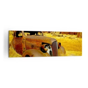Impression sur toile - Image sur toile - Une vieille voiture rouillée sur fond de cabanes en bois abandonnées - 160x50cm - Repos bien mérité - Décoration murale moderne pour le salon et la chambre ARTTOR