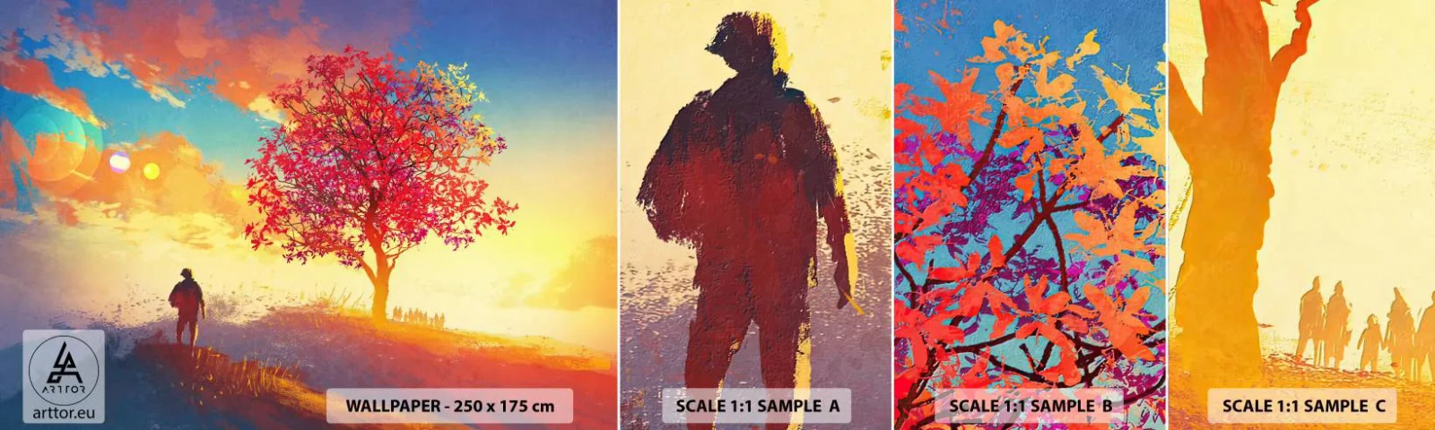 Échantillon de Papier Peint Autocollant Deluxe Sticker - Pèlerin à destination - Paysage, Arbre, Vagabond - 100x30 cm