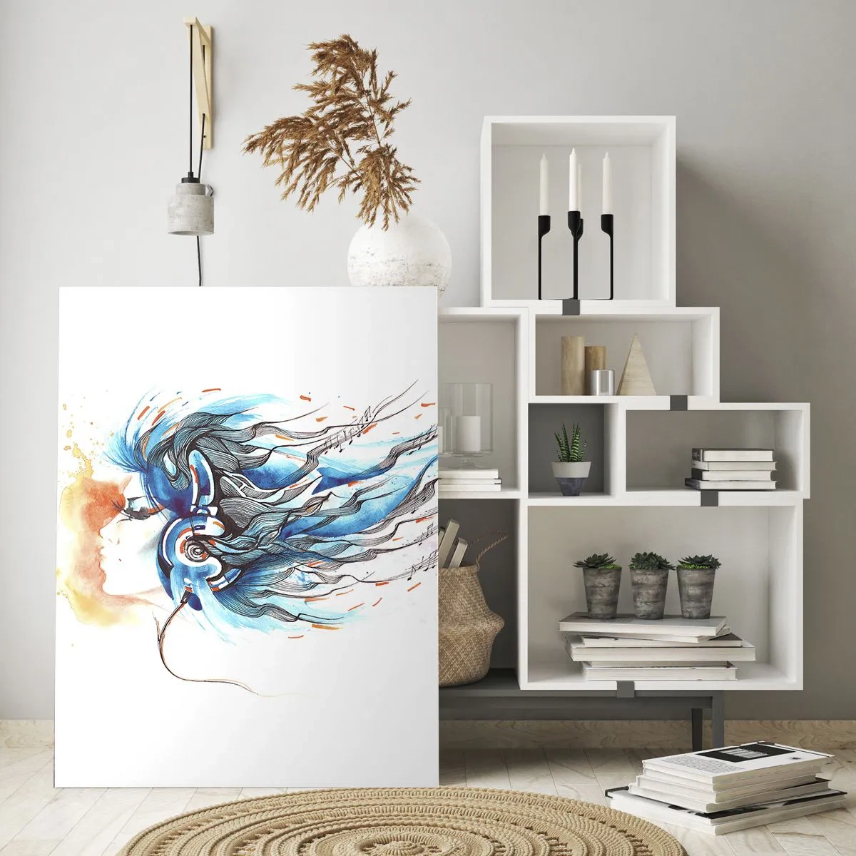 Impression sur verre - Image sur verre - Graphique artistique d'une femme portant des écouteurs avec des accents musicaux - 80x120cm - Que la musique joue - Décoration murale moderne pour le salon et la chambre ARTTOR