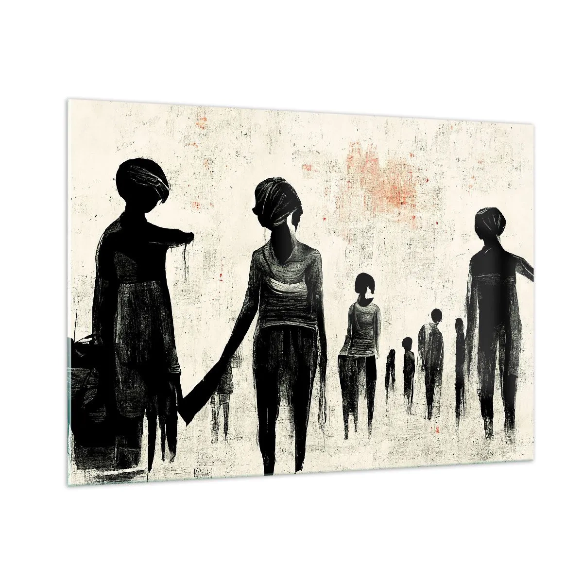 Impression sur verre - Image sur verre - Figures noires en mouvement sur un fond clair avec une texture rouge - 100x70cm - Contre la solitude - Décoration murale moderne pour le salon et la chambre ARTTOR