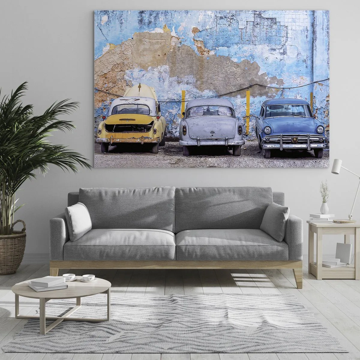Impression sur verre - Image sur verre - Voitures anciennes sur fond de mur en ruine - 70x50cm - Rencontre de vétérans - Décoration murale moderne pour le salon et la chambre ARTTOR