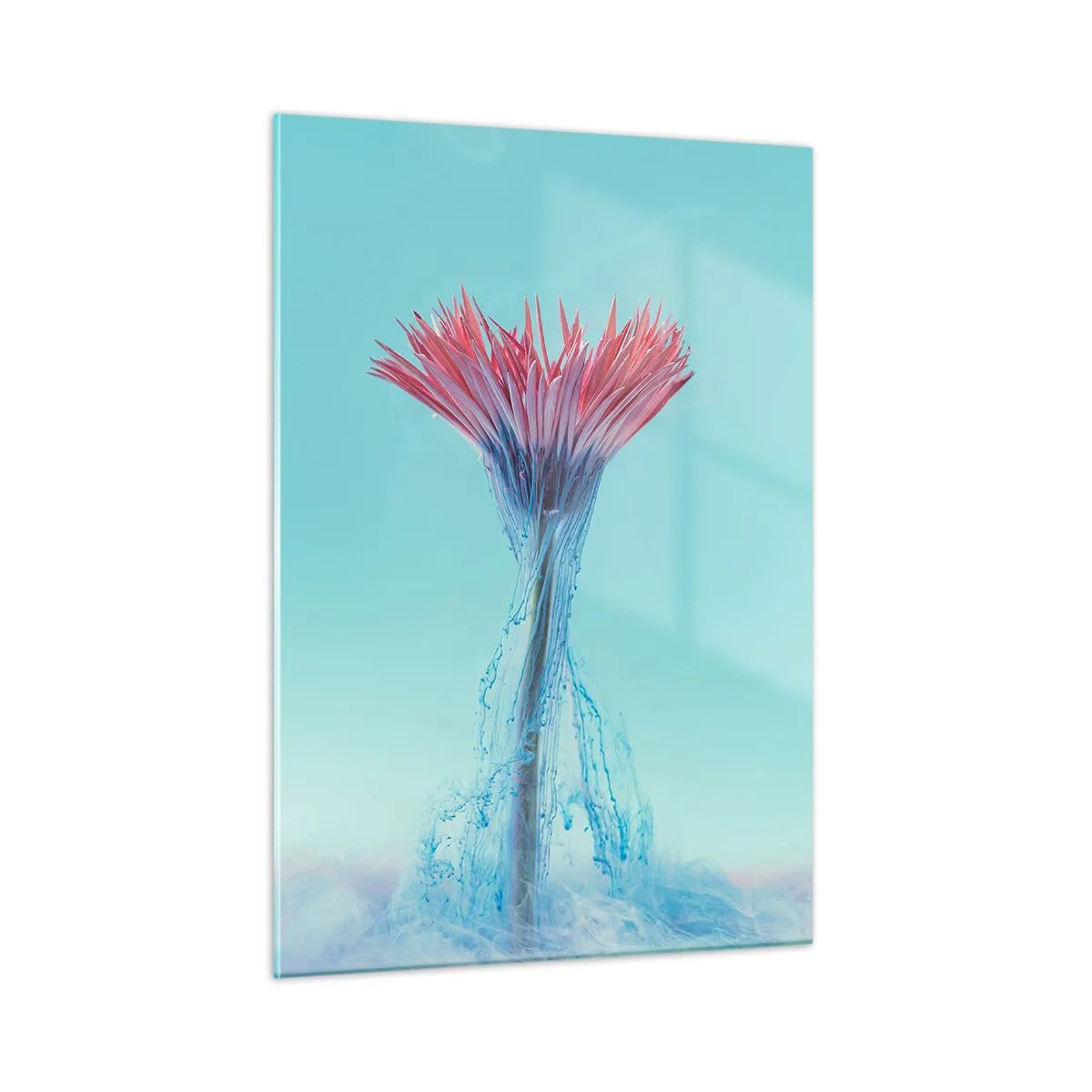 Impression sur verre - Image sur verre - Une fleur fantaisiste plongée dans une brume bleue et rose - 50x70cm - Dans une étreinte vivifiante - Décoration murale moderne pour le salon et la chambre ARTTOR