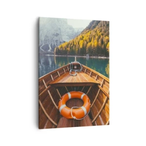 Impression sur toile - Image sur toile - Un bateau en bois sur un lac de montagne entouré de forêt - 50x70cm - Escapade en montagne - Décoration murale moderne pour le salon et la chambre ARTTOR