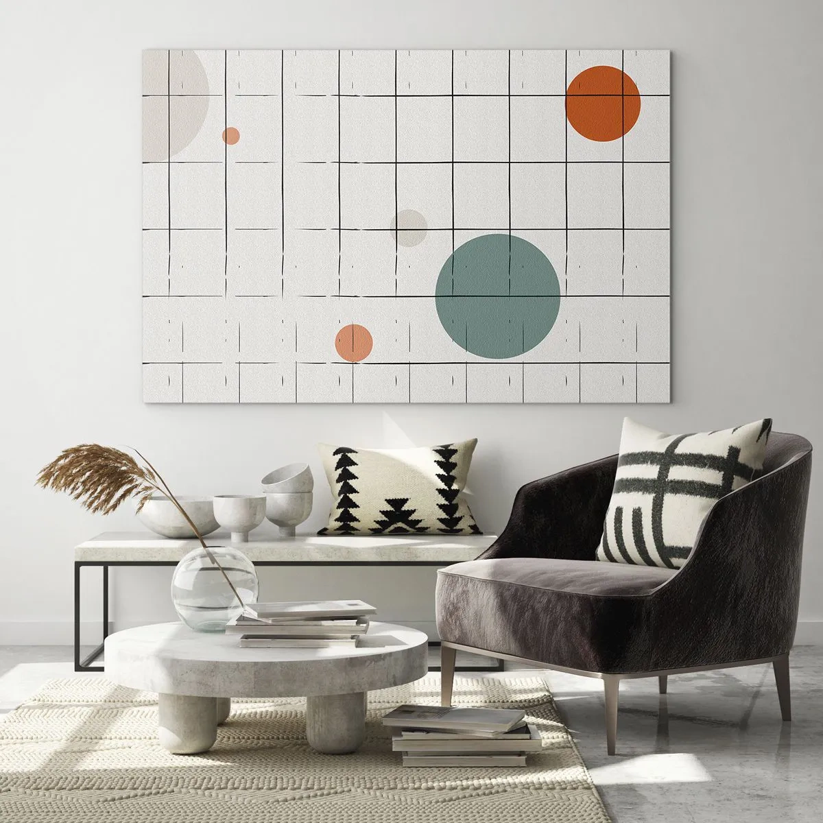 Impression sur verre - Image sur verre - Cercles colorés sur une grille géométrique de lignes fines - 70x50cm - Piégé. Nous ou eux ? - Décoration murale moderne pour le salon et la chambre ARTTOR