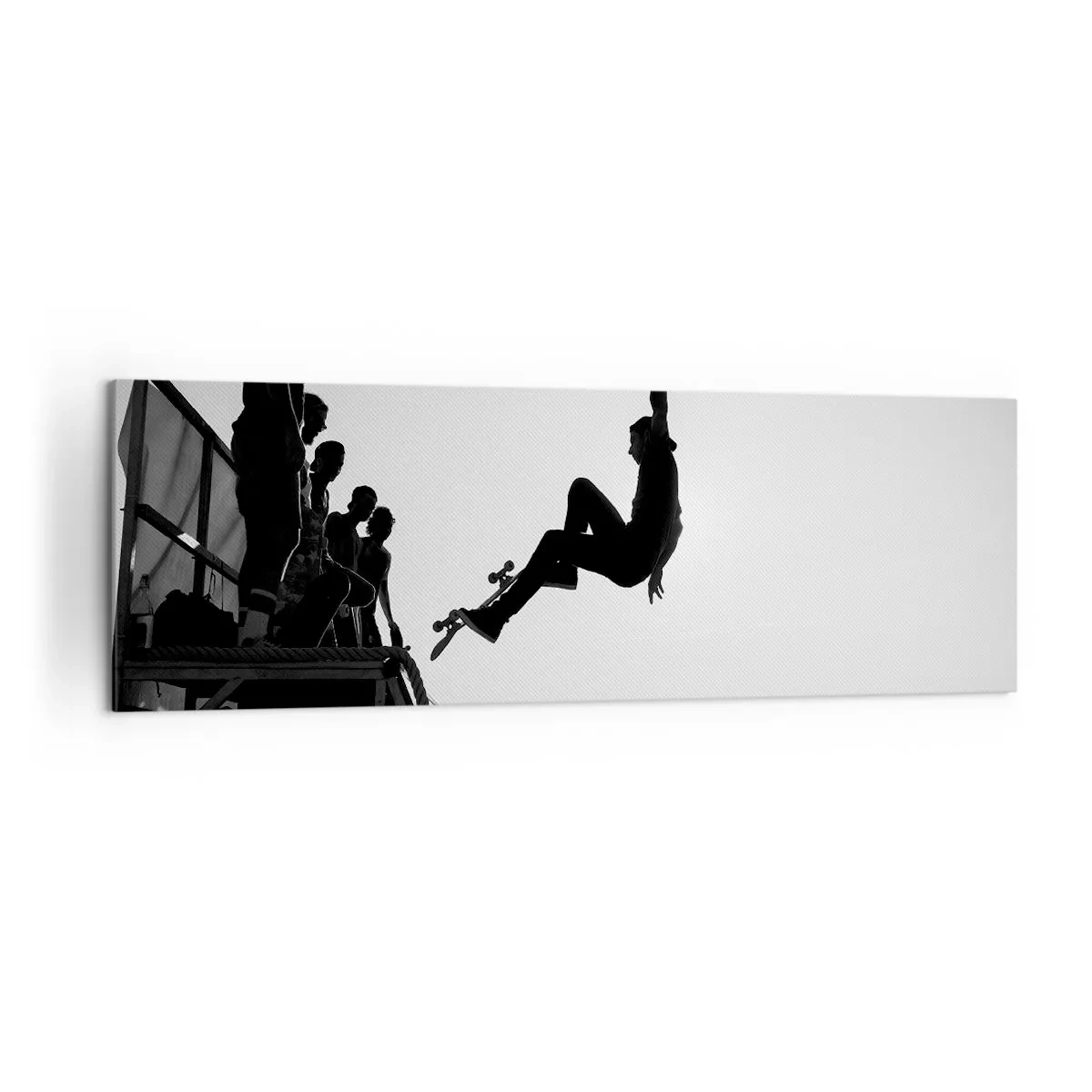 Impression sur toile - Image sur toile - Scène de skateboard en noir et blanc sur une rampe - 160x50cm - Héros et spectateurs - Décoration murale moderne pour le salon et la chambre ARTTOR