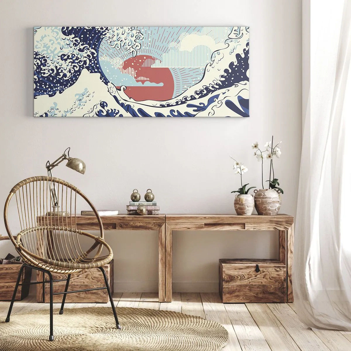 Impression sur toile - Image sur toile - Vagues de l'océan et coucher de soleil à la japonaise - 120x50cm - D'une inspiration japonnaise - Décoration murale moderne pour le salon et la chambre ARTTOR
