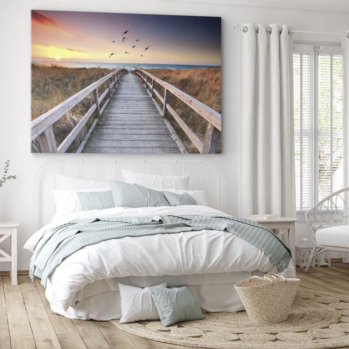 Impression sur toile - Image sur toile - Jetée en bois menant à la plage au coucher du soleil - 120x80cm - Envol des espaces - Décoration murale moderne pour le salon et la chambre ARTTOR