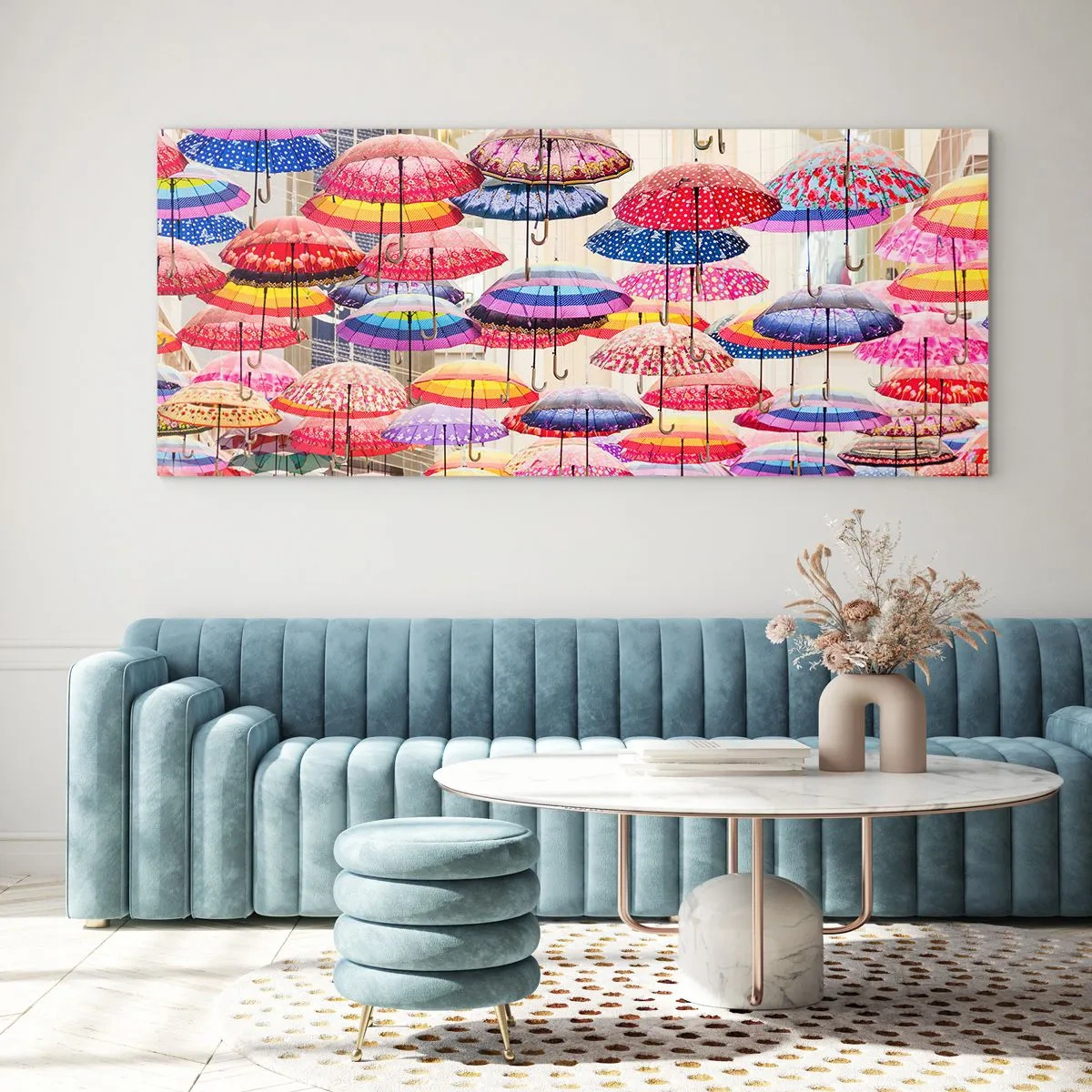 Impression sur verre - Image sur verre - Parapluies colorés suspendus dans les airs - 140x50cm - Prairie de la ville - Décoration murale moderne pour le salon et la chambre ARTTOR