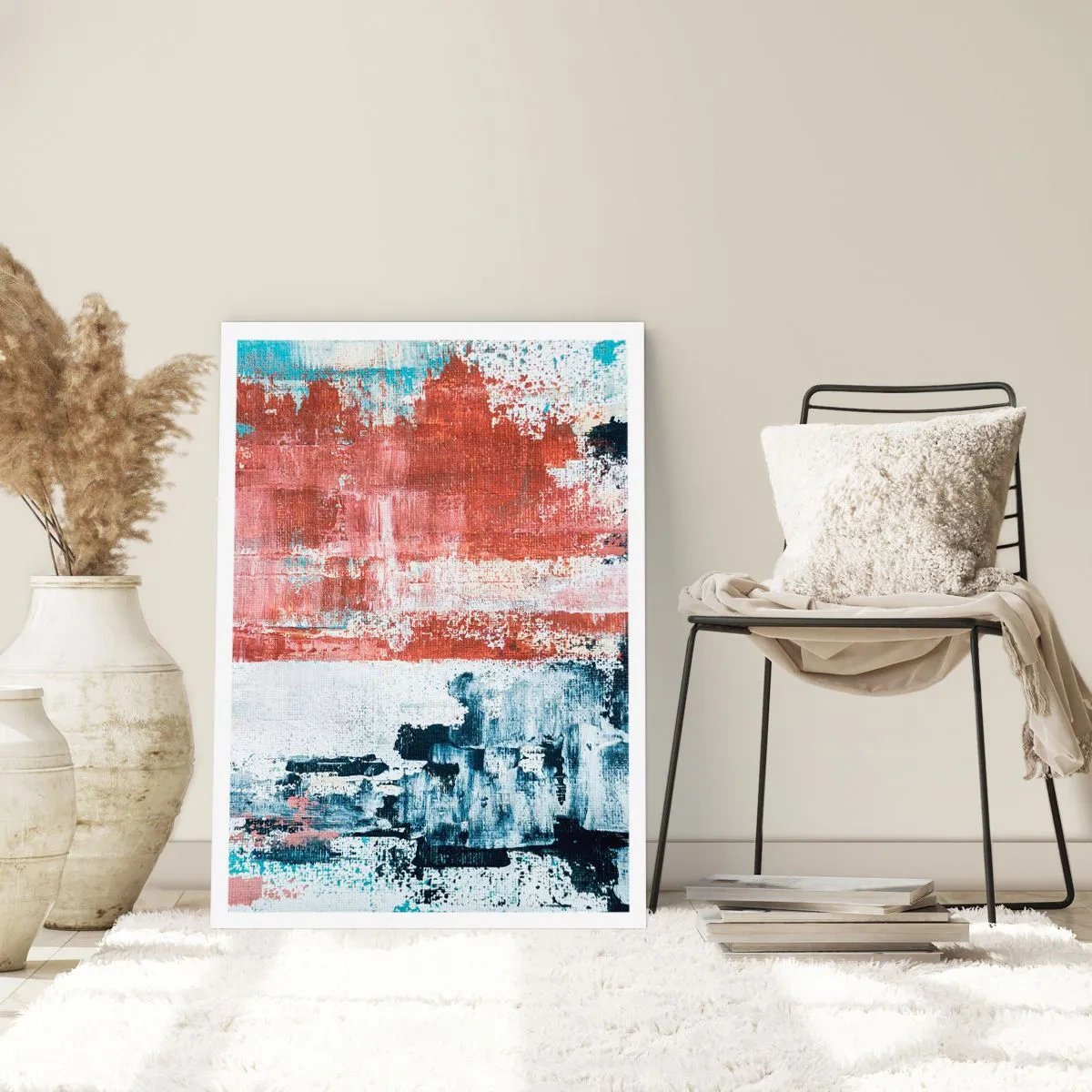 Affiche - Poster - Composition abstraite dans les tons de rouge, blanc et bleu - 50x70cm - Moitié-moitié abstrait - Décoration murale moderne pour le salon et la chambre ARTTOR