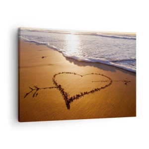 Impression sur toile - Image sur toile - Un cœur fait de sable sur la plage au coucher du soleil - 70x50cm - Confession de vacances - Décoration murale moderne pour le salon et la chambre ARTTOR