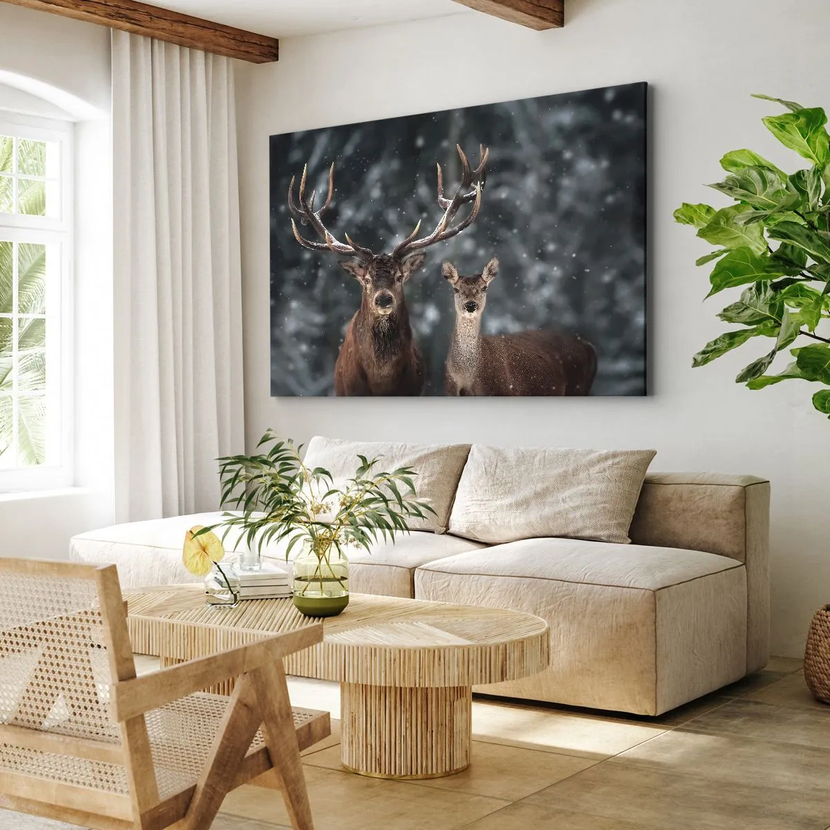 Impression sur toile - Image sur toile - Cerf dans une forêt d'hiver enneigée - 120x80cm - Le roi de la forêt avec sa femme - Décoration murale moderne pour le salon et la chambre ARTTOR