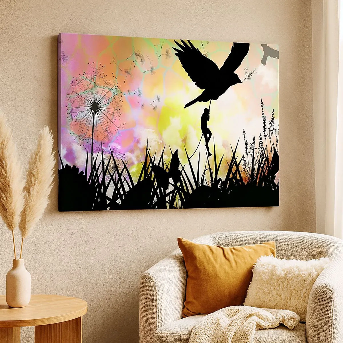 Impression sur toile - Image sur toile - Silhouette de la nature avec un oiseau et un pissenlit - 70x50cm - Dans une ambiance de conte de fées - Décoration murale moderne pour le salon et la chambre ARTTOR