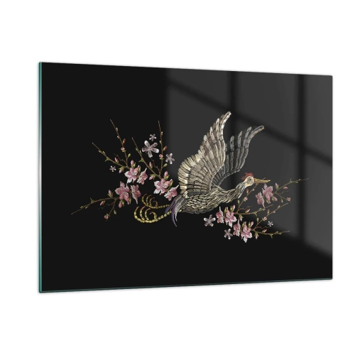Impression sur verre - Image sur verre - Oiseau brodé en vol avec des fleurs en arrière-plan sur un fond sombre - 120x80cm - Oiseau brodé exotique - Décoration murale moderne pour le salon et la chambre ARTTOR