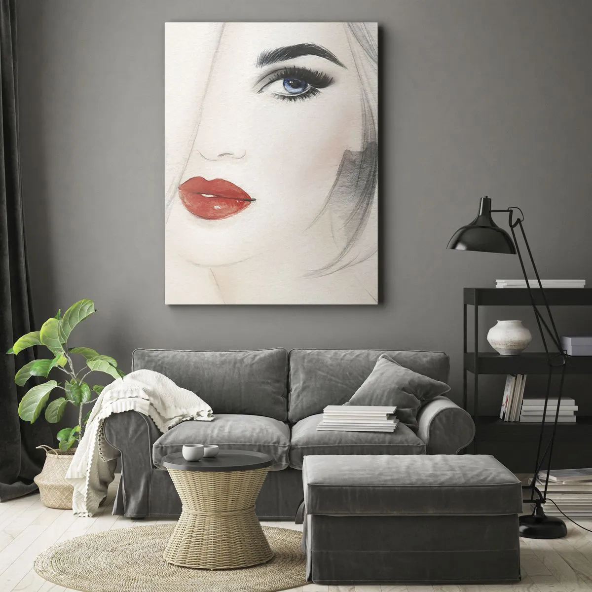 Impression sur toile - Image sur toile - Un portrait minimaliste d'une femme aux yeux bleus et aux lèvres rouges. - 80x120cm - Il hypnotise et enivre - Décoration murale moderne pour le salon et la chambre ARTTOR