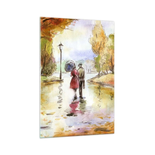 Impression sur verre - Image sur verre - Une promenade dans le parc d'automne avec un parapluie - 70x100cm - Automne romantique dans le parc - Décoration murale moderne pour le salon et la chambre ARTTOR