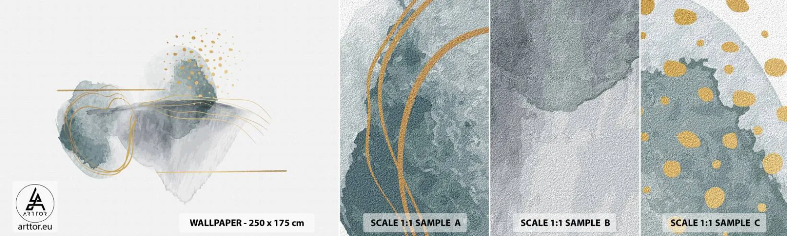 Échantillon de Papier Peint Autocollant Deluxe Sticker - À propos de la relation entre le gris et l'or - Abstraction, Morceau, Formes intéressantes - 100x30 cm