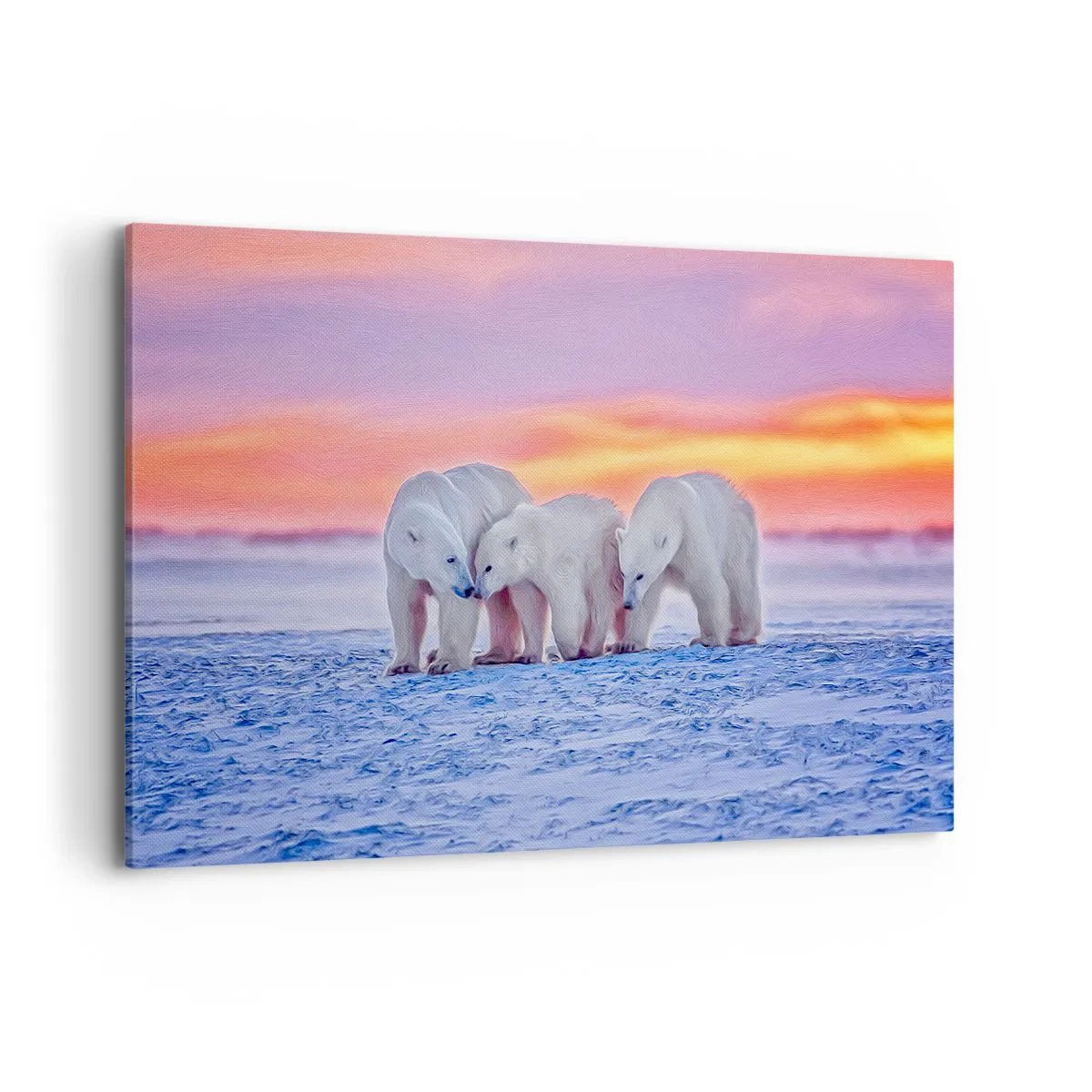 Impression sur toile - Image sur toile - Trois ours polaires sur fond de coucher de soleil arctique - 120x80cm - La chaleur familiale suffit - Décoration murale moderne pour le salon et la chambre ARTTOR