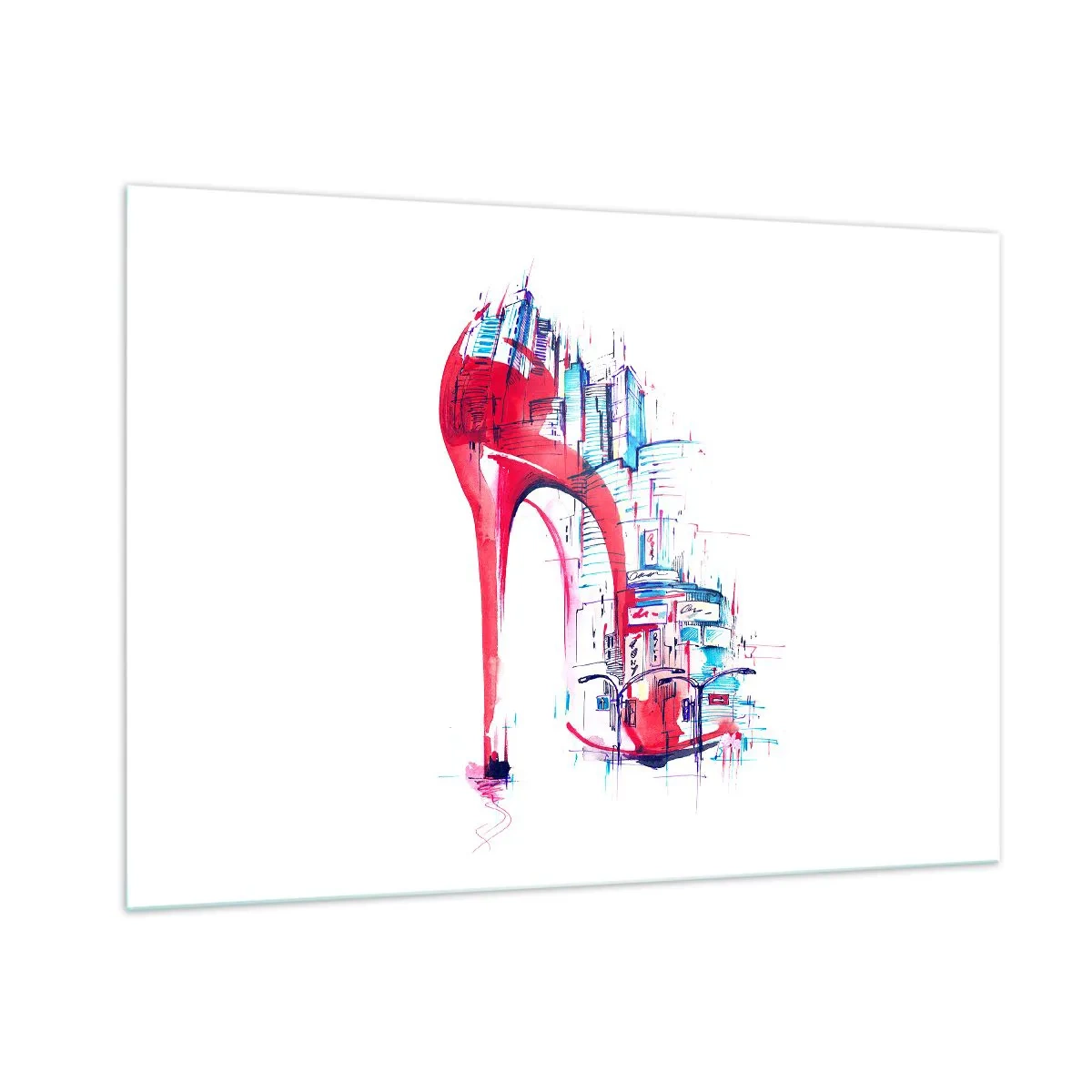 Impression sur verre - Image sur verre - Stiletto rouge avec un motif d'architecture urbaine - 100x70cm - L'élégance des grandes villes - Décoration murale moderne pour le salon et la chambre ARTTOR