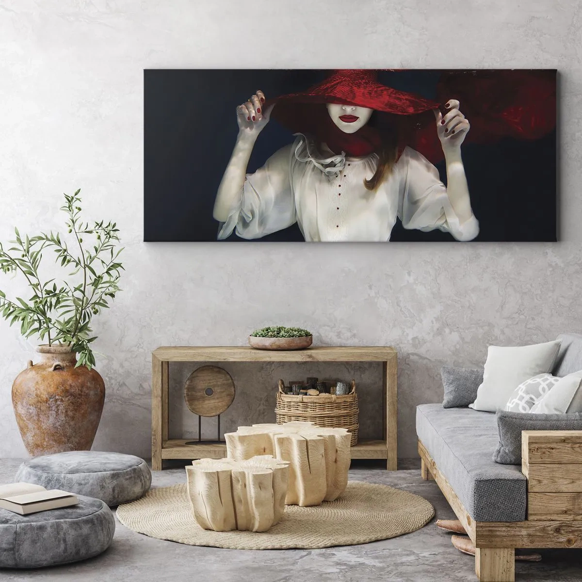 Impression sur toile - Image sur toile - Une femme avec un chapeau rouge immergée dans l'eau - 120x50cm - Femme mystérieuse - Décoration murale moderne pour le salon et la chambre ARTTOR