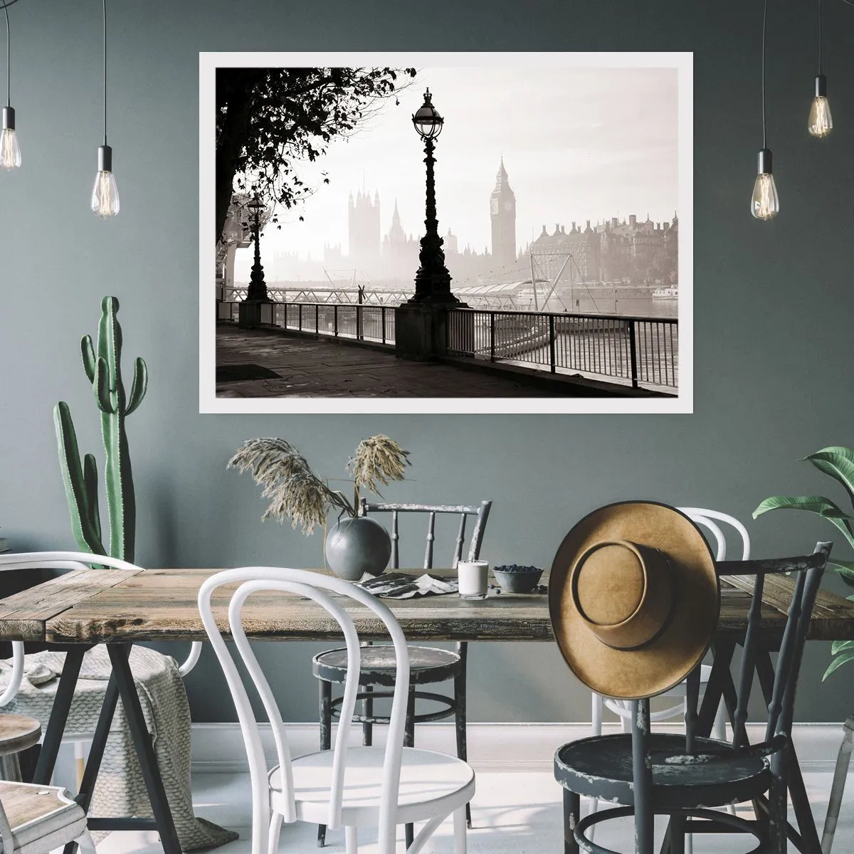 Affiche - Poster - Une vue monochrome de Big Ben et de la Tamise. - 100x70cm - Un matin londonien - Décoration murale moderne pour le salon et la chambre ARTTOR