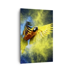 Impression sur toile - Image sur toile - Un perroquet en vol sur fond d'explosions colorées de jaune et de bleu. - 80x120cm - Dans la poussière bleue et dorée - Décoration murale moderne pour le salon et la chambre ARTTOR