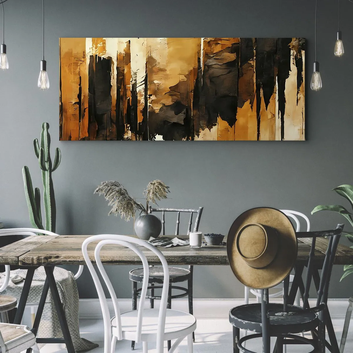 Impression sur toile - Image sur toile - Rayures abstraites dorées et noires dans une composition artistique - 120x50cm - Harmonie de noir et d'or - Décoration murale moderne pour le salon et la chambre ARTTOR