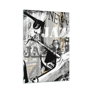 Impression sur verre - Image sur verre - Un dessin élégant d'un musicien de jazz jouant de la trompette dans un décor new-yorkais. - 50x70cm - Au rythme de New York - Décoration murale moderne pour le salon et la chambre ARTTOR